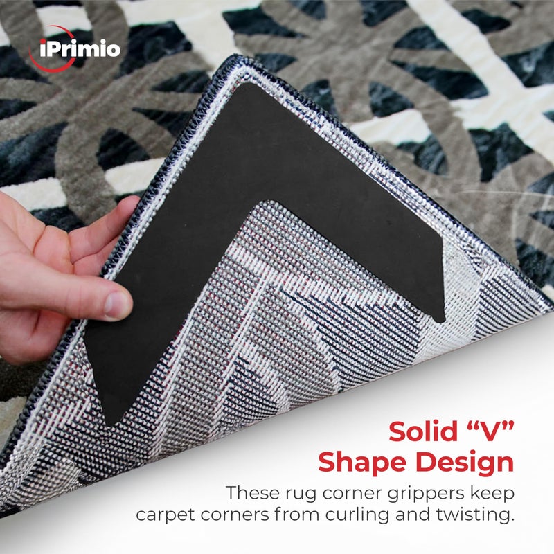 iPrimio NeverCurl 4-Pack V Shape Rug Corner Grippers - Rug Gripper for Hardwood Floors and Outdoor Surfaces - Stops Curling Corners - Safe Carpet Tape Alternative - Works on Rug Corners Indoors - Image 2